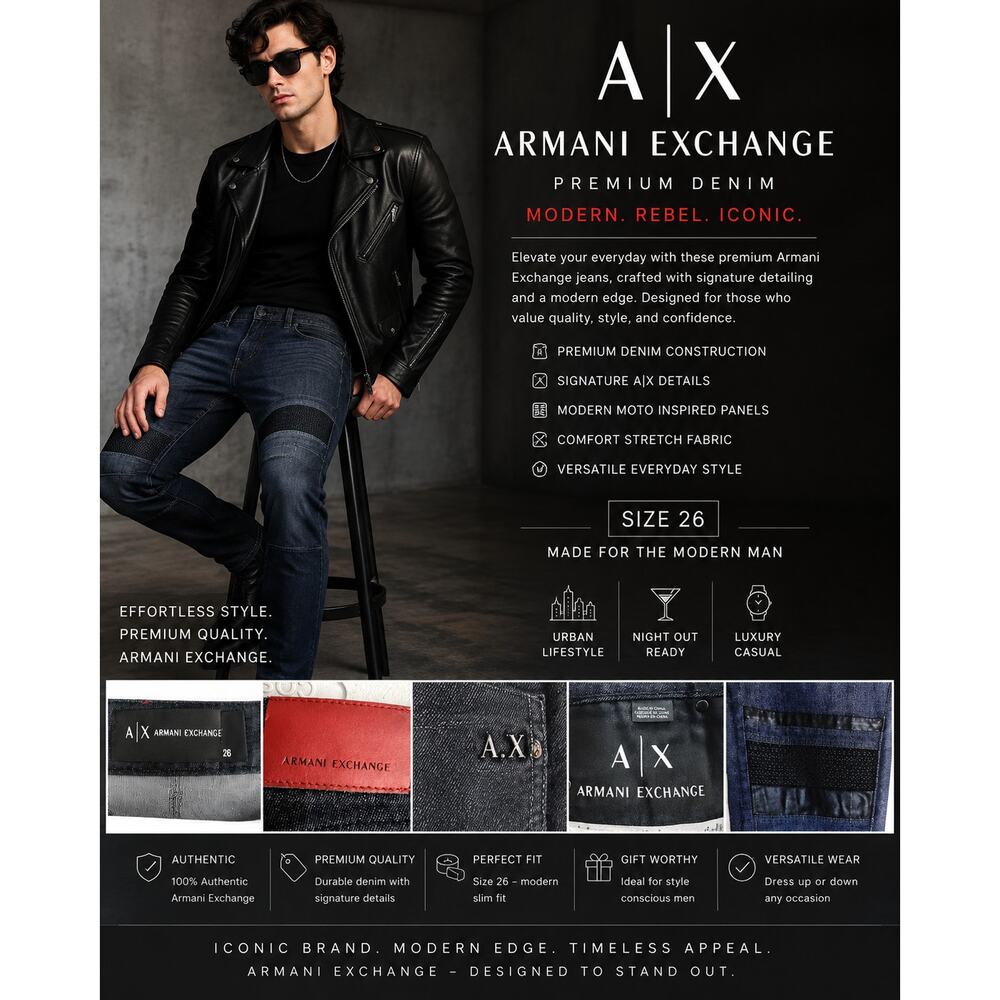 Armani Exchange AX Moto Biker Jeans Mens 26 Slim Dark Wash Designer Denim